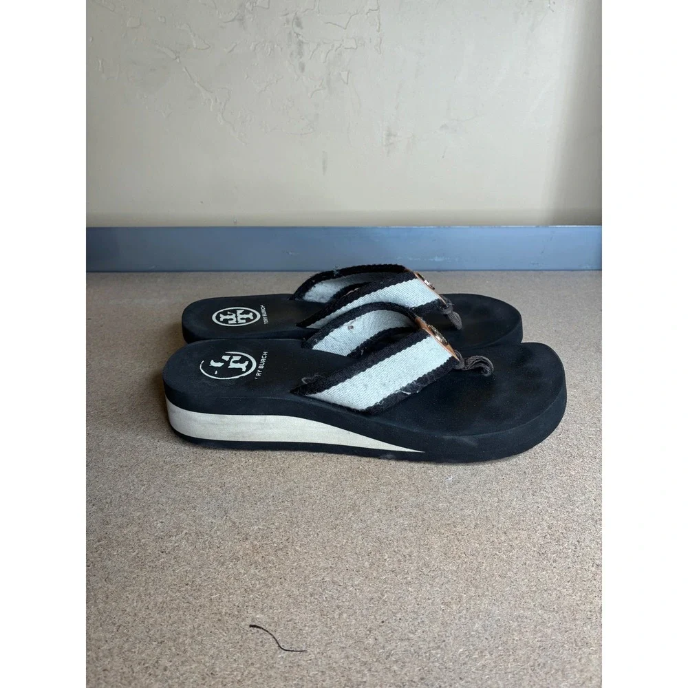 Tory Burch Platform Flip Flop Sandals Black White Striped Wedge Medallion Sz 8